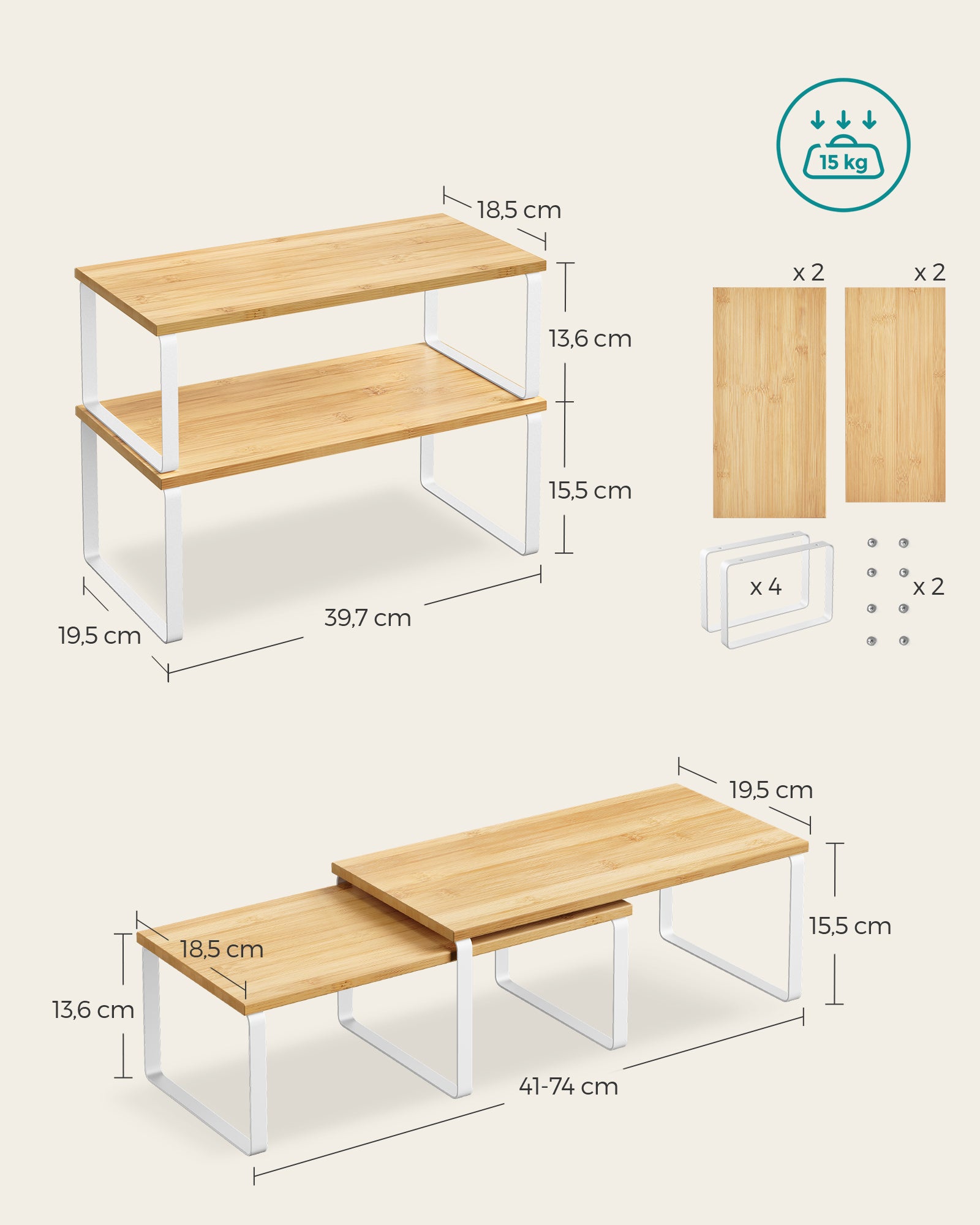 Organizadores de Cocina, Juego de 4 Estantes Apilables y Expandibles, Metal y Madera, Blanco y Beige - 6