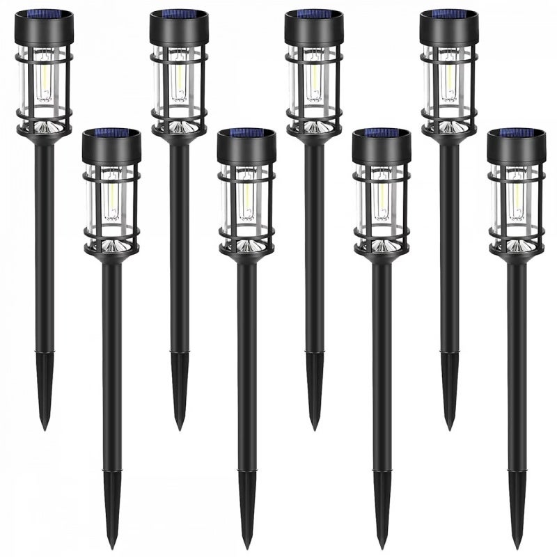 Set de 8 lămpi solare de podea pentru exterior, LED alb cald, design cilindric transparent, polipropilenă IP44, autonomie baterie 10 ore, negru 8buc