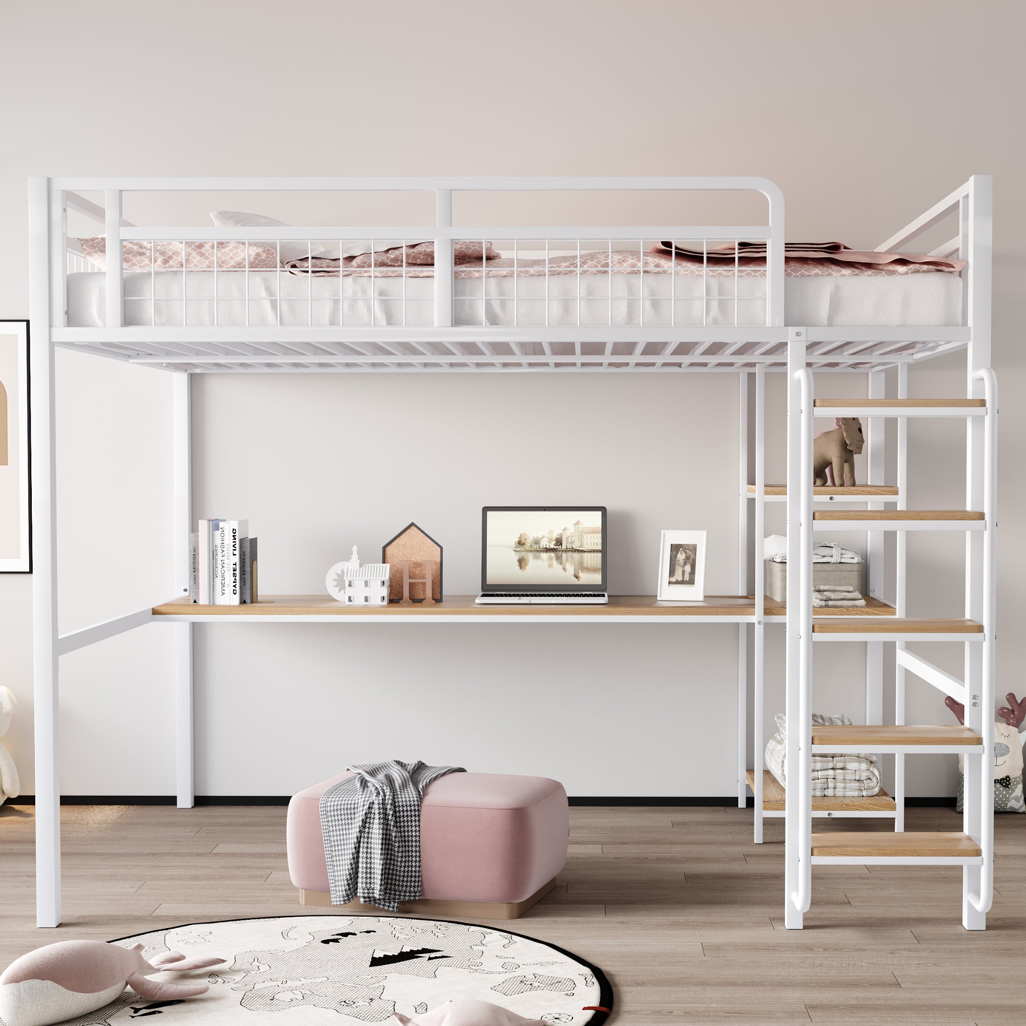 Letto soppalco 90 x 200 cm con scrivania e ripiani - Metallo - Colore bianco