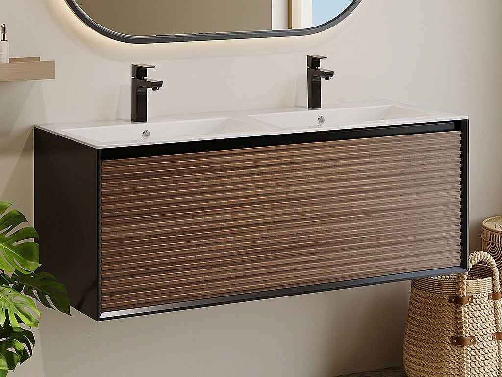 Szafka łazienkowa wisząca ryflowana z umywalką wpuszczaną w blat - Naturalny ciemny i czarny - 120 cm - BANIVA