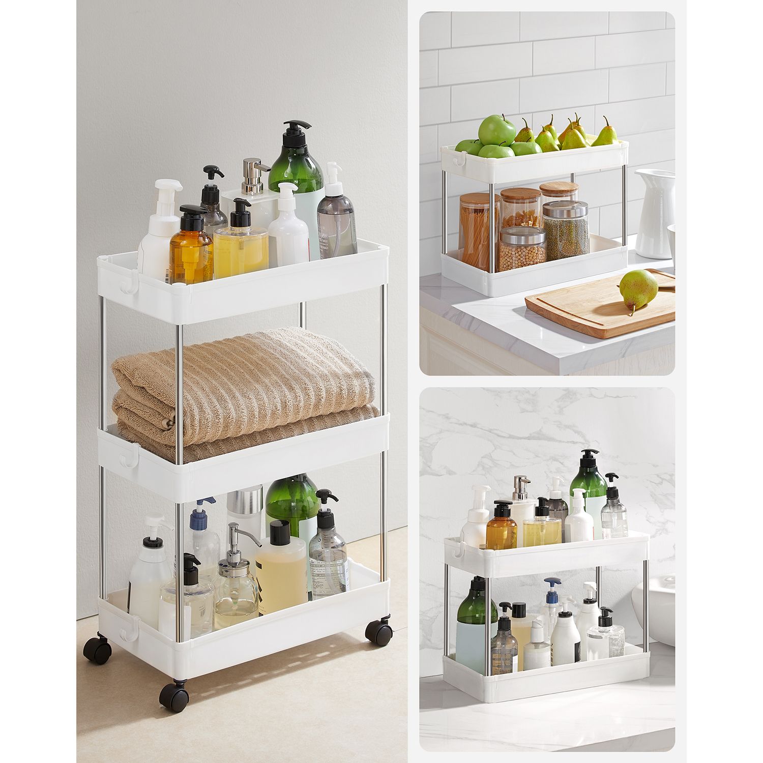 Desserte à roulettes, Chariot de Rangement, Étagère Roulante, 3 Niveaux, Gain de Place, pour Salle de Bain, Cuisine, Bureau, 40 x 22 x 60 cm, Blanc - 6