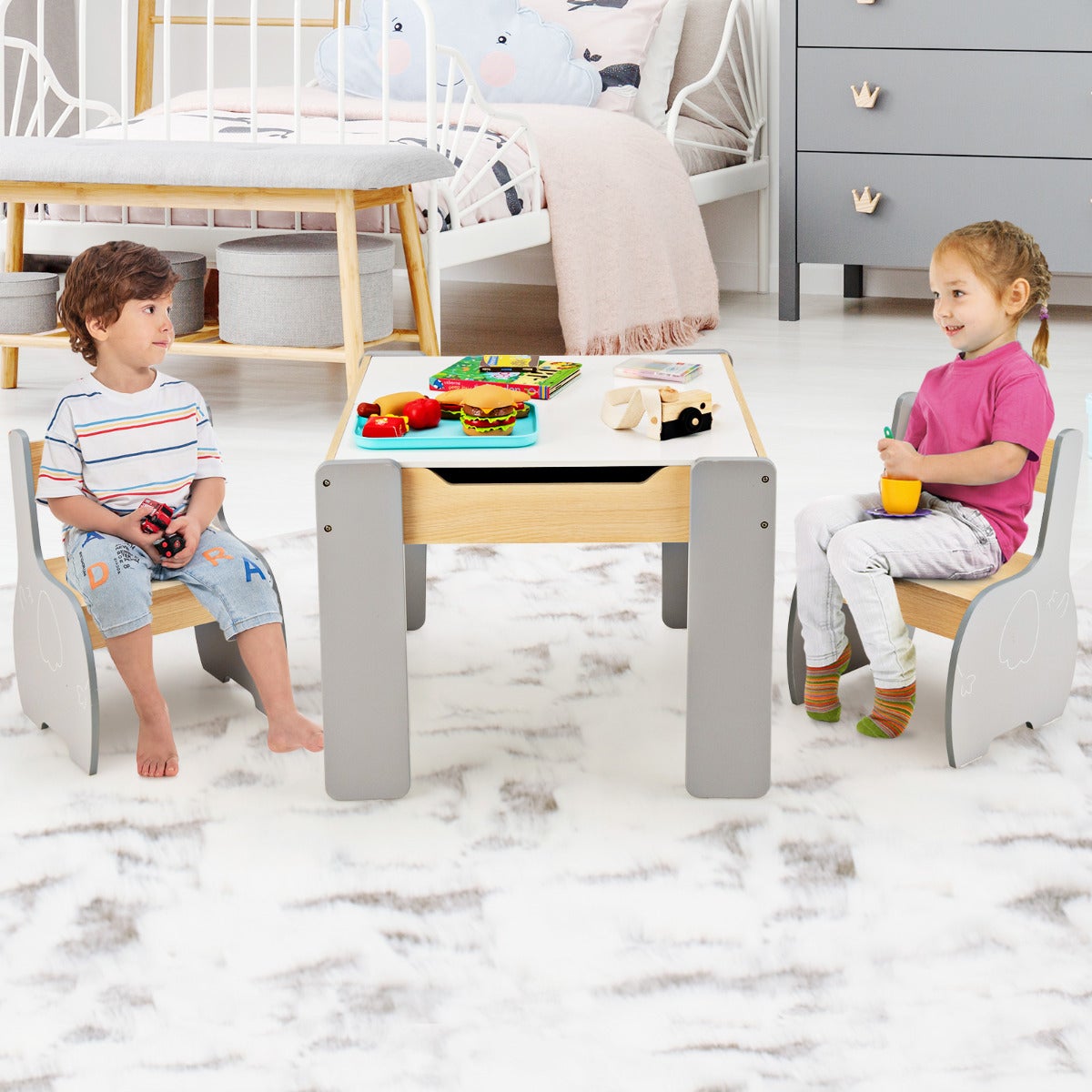 Mesa de actividades 4 en 1 con 2 sillas infantiles - madera mdf gris y blanco multifuncional