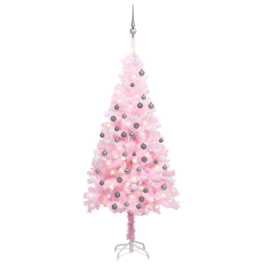 Sztuczna choinka z lampkami i bombkami, różowa, 120 cm, PVC vidaXL