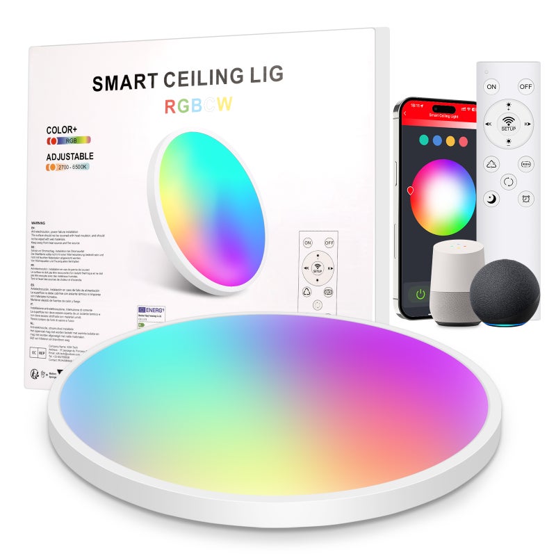 LOVHAUS ściemnialna lampa sufitowa LED 2700K~6500K+RGB z pilotem, inteligentna lampa sufitowa kompatybilna z Alexą 22W Ø30cm, IP54, Materiał PC, timer