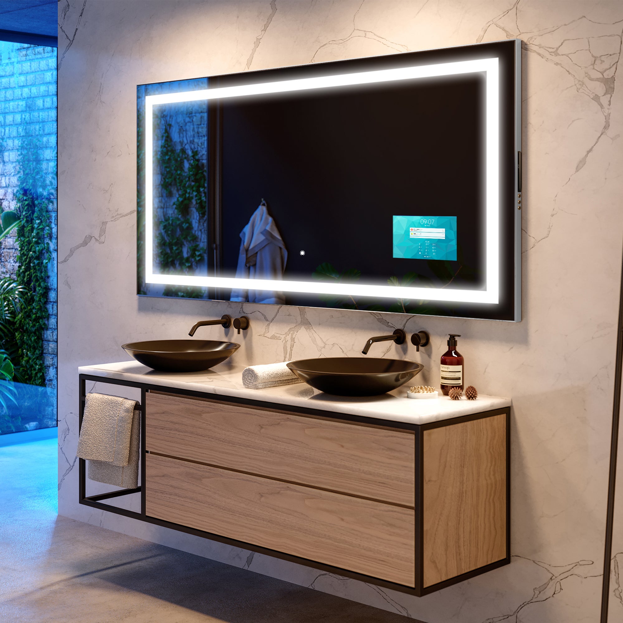 Miroir De Salle De Bain LED Intelligent Atlanta - Bluetooth, Météo, Interrupteur - Moderne Et Lumineux