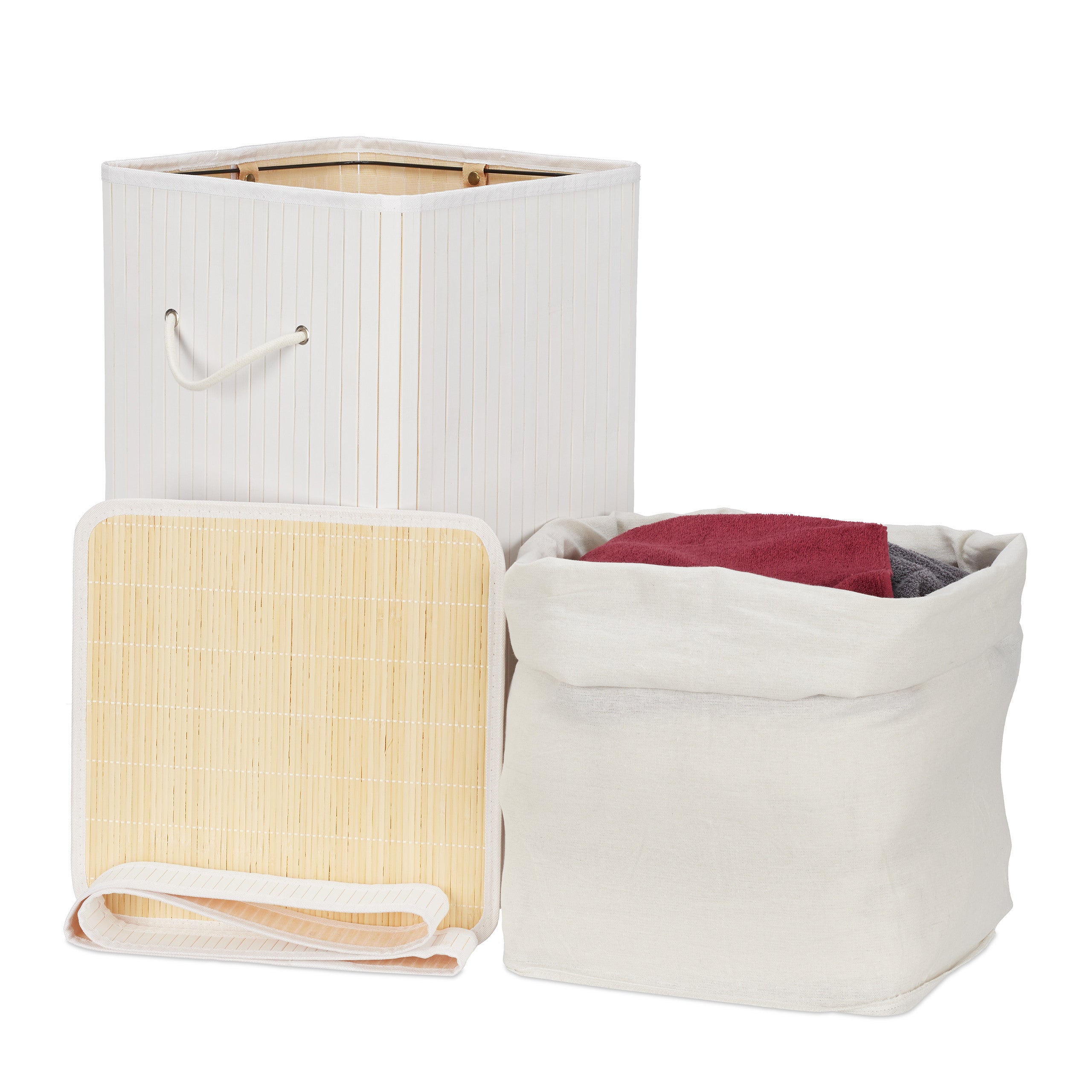 Corbeille à linge pliable, Bambou, avec anse, 70 litres, couvercle, HxlxP 63 x 36 x 36 cm, blanc, Relaxdays - 8