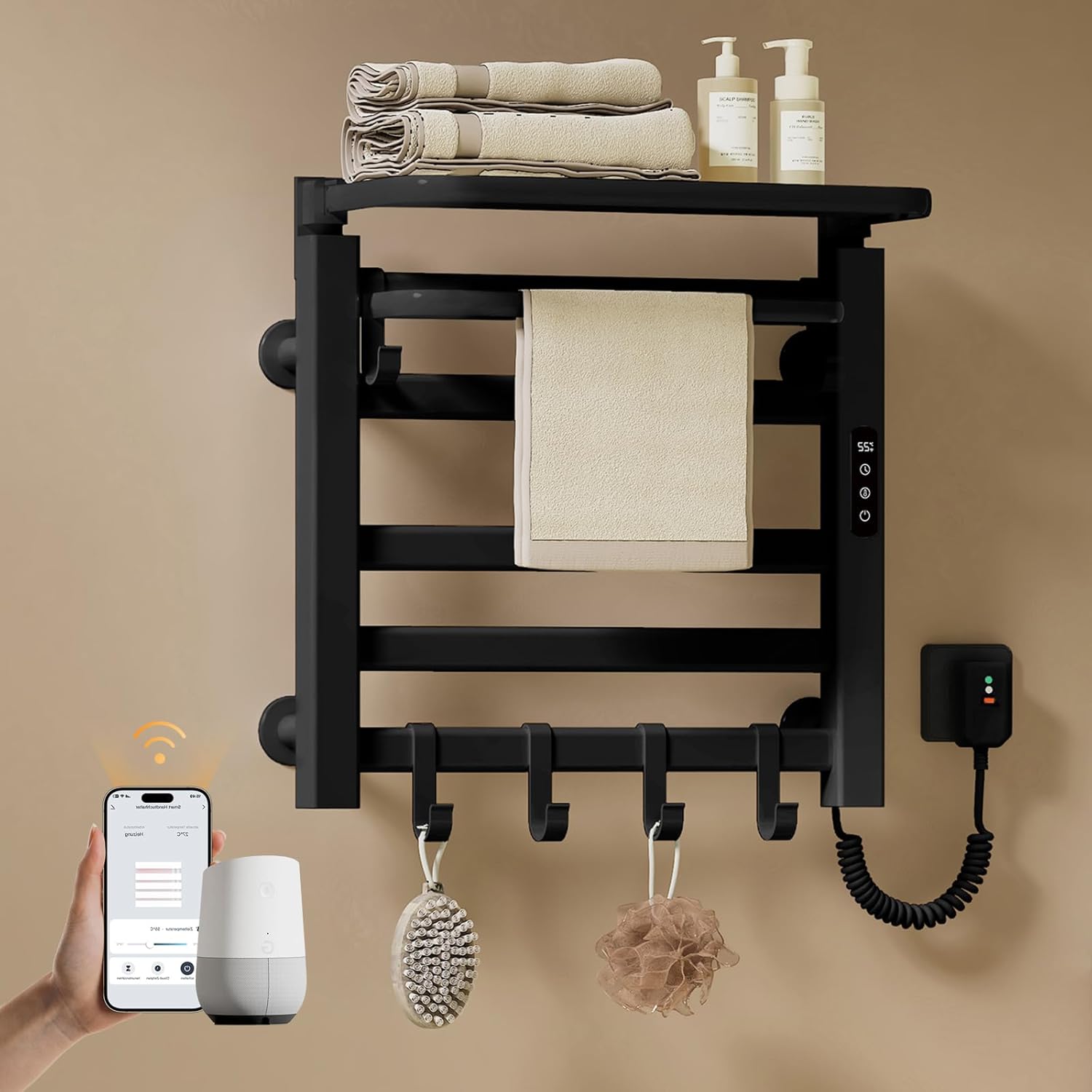 EMKE Grzejnik elektryczny łazienkowy 140W 50x50 cm czarny mat - WiFi+TUYA+Głos (Google/Alexa) z półką i hakami