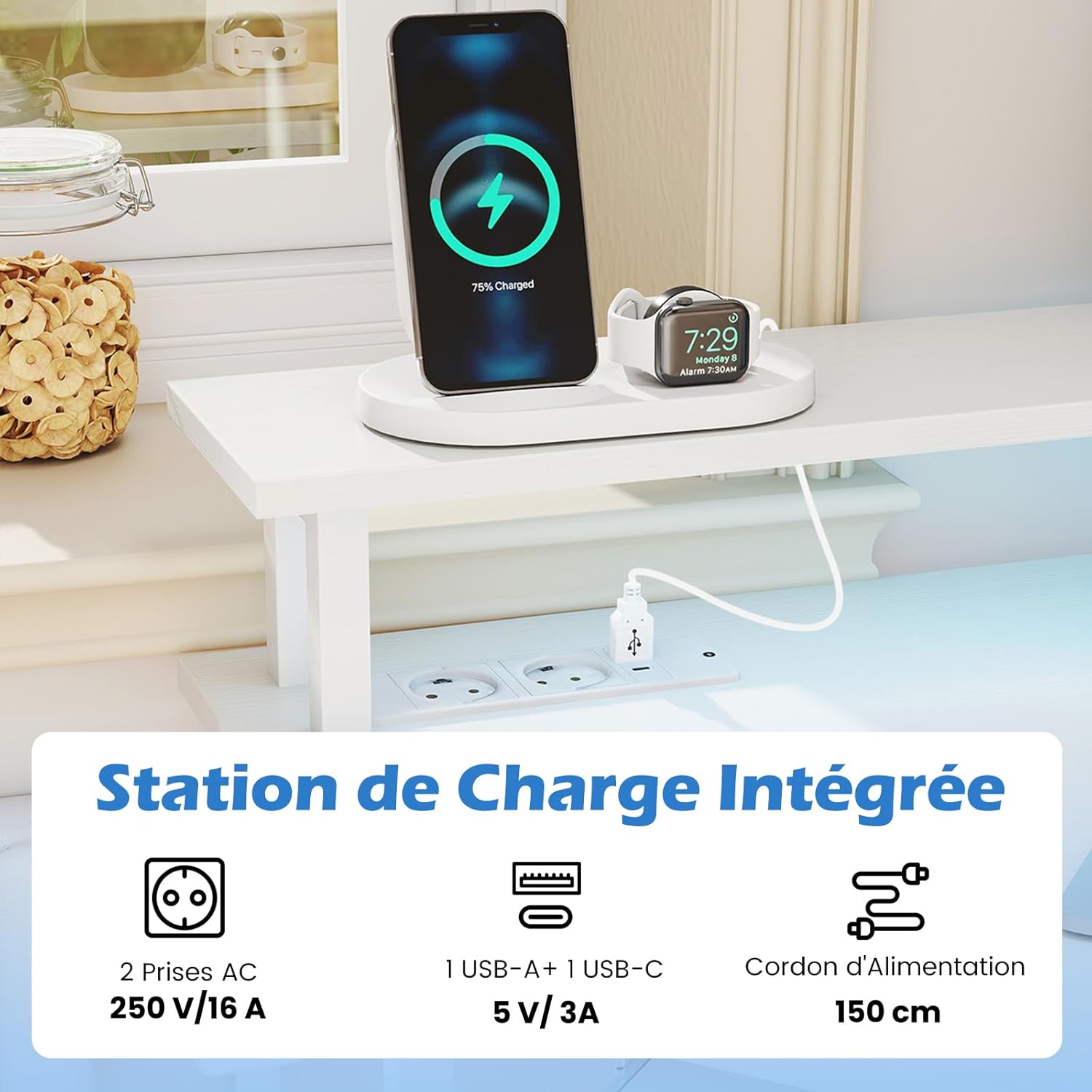 Bureau d'angle avec Station de Charge, Bureau Gaming avec LED, Plateau pour Clavier et Support pour Écran, pour Petits Espaces, Blanc - 5