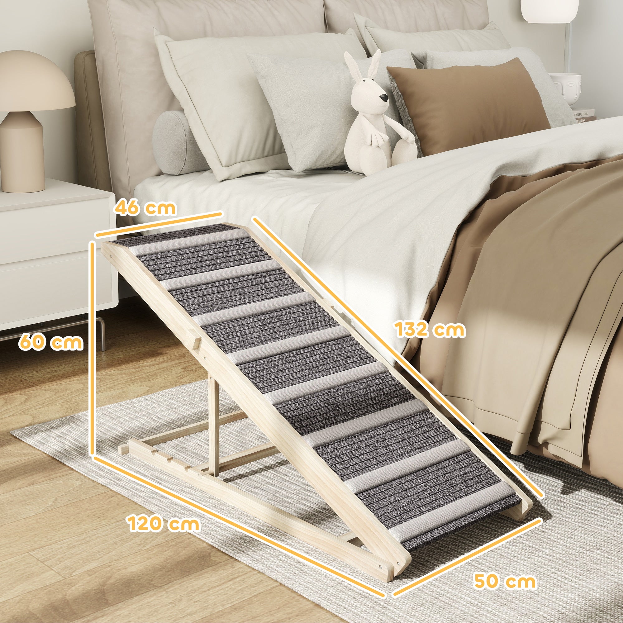 Rampa para Perros PawHut Madera de Pino, Tela de Alfombra Madera Natural y Gris 120x50x60 cm D06-283V01ND - 3