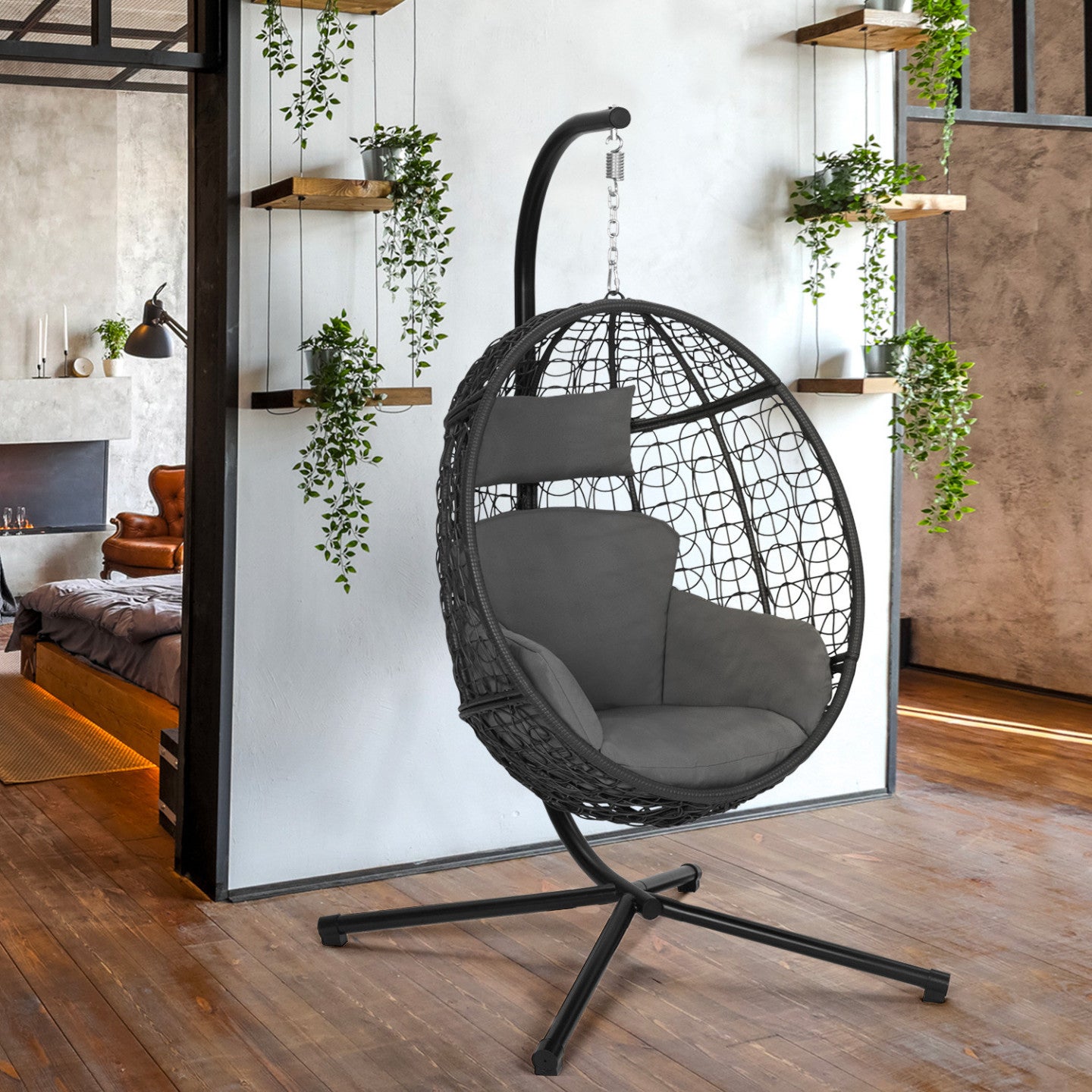 Fauteuil oeuf suspendu ajouré effet rotin gris avec coussin gris - 3