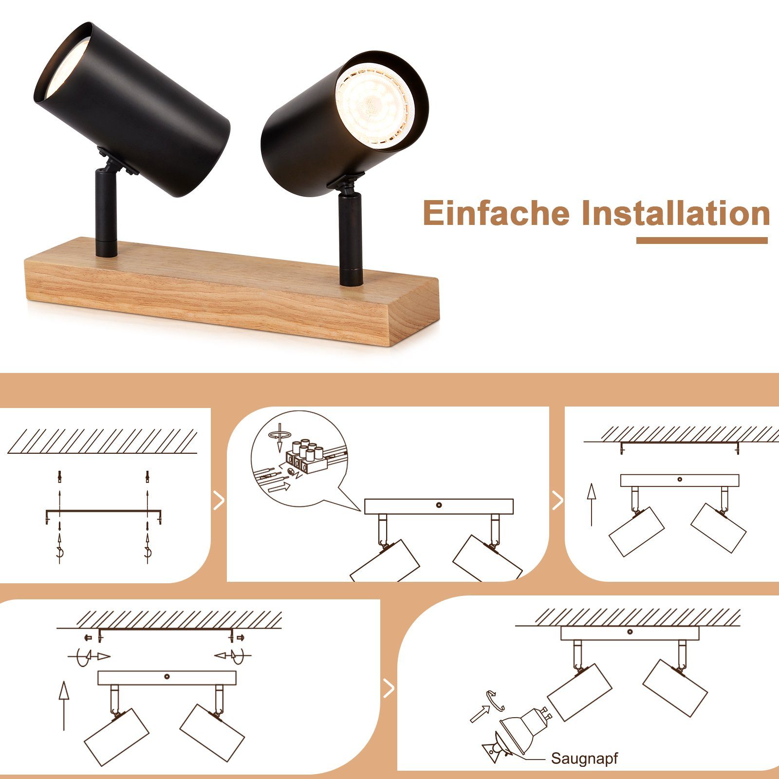 NETTLIFE 2 Focos de Techo GU10 de Madera Negra Orientables 350° Estilo Industrial Retro para salón Dormitorio Cocina - 6