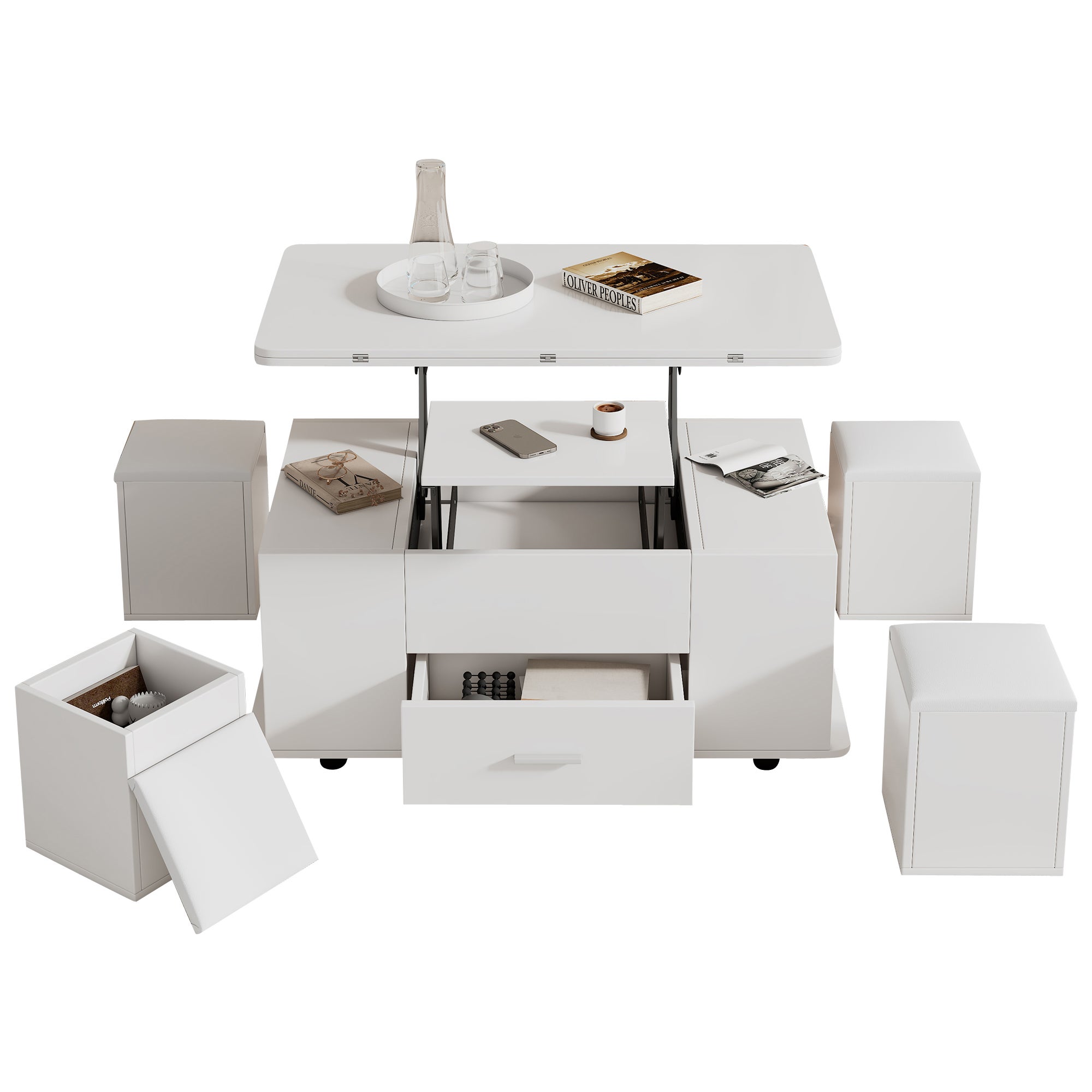 Table basse avec plateau relevable, 1 tiroir et 4 tabourets - 100 x 50 x 45 cm - Panneau de particules - Blanc - 6
