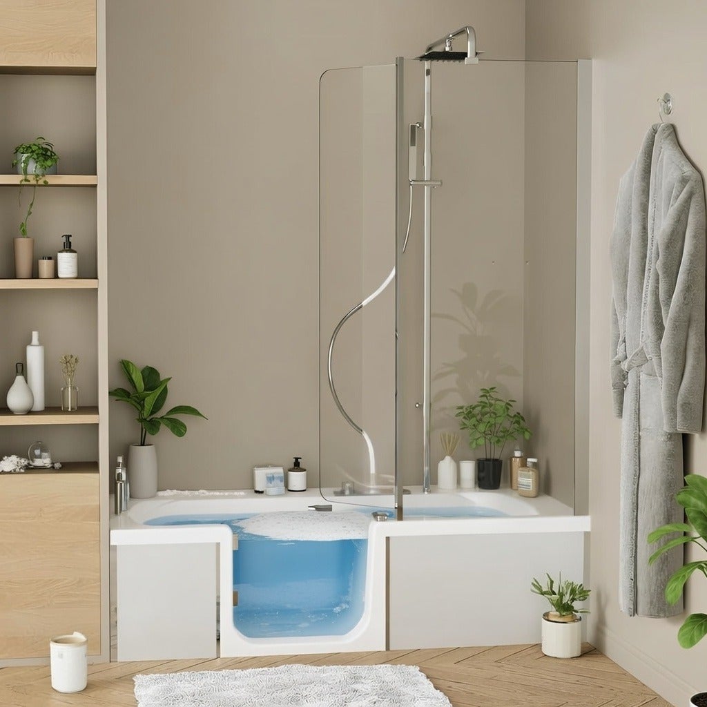 Baignoire à porte KINEDO 160x75 Duo PACK Design3 pose en niche espace bain à gauche espace douche à droite (tablier verre blanc coussin et vidage) - 2