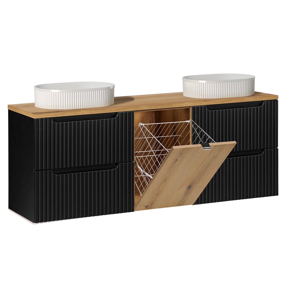 Mueble doble lavabo 160cm cesto riva negro y madera