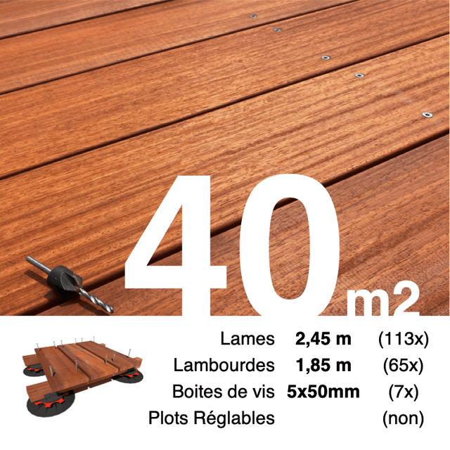 Kit terrasse bois exotique PADOUK pour 40 m² • Lames 2,45 m, lambourdes 1,85 m et visserie Inox • Livraison gratuite