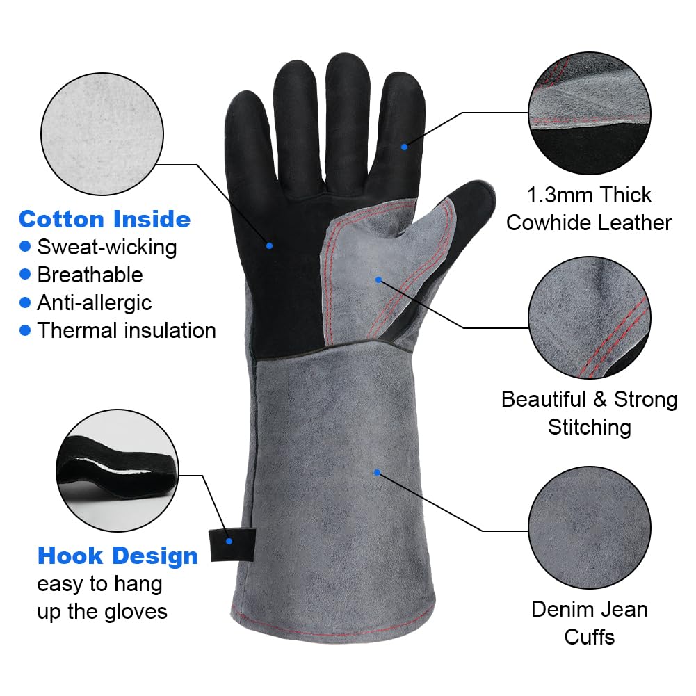 Gants de Barbecue en Cuir, Four Anti Chaleur, Soudage Épaississement, Résistant au Feu et à la pour Le Barbecue, Four, Soudure, Cheminée, Jardinage - 3
