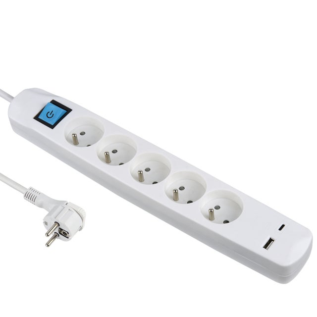 Electraline 35614 Bloc Multiprise 5 Prises Françaises + 2 USB 3.4A 17W A + 1 Type C, avec Interrupteur on/Off, Fiche Extra Plate 90° 16A, Câble 1.5M