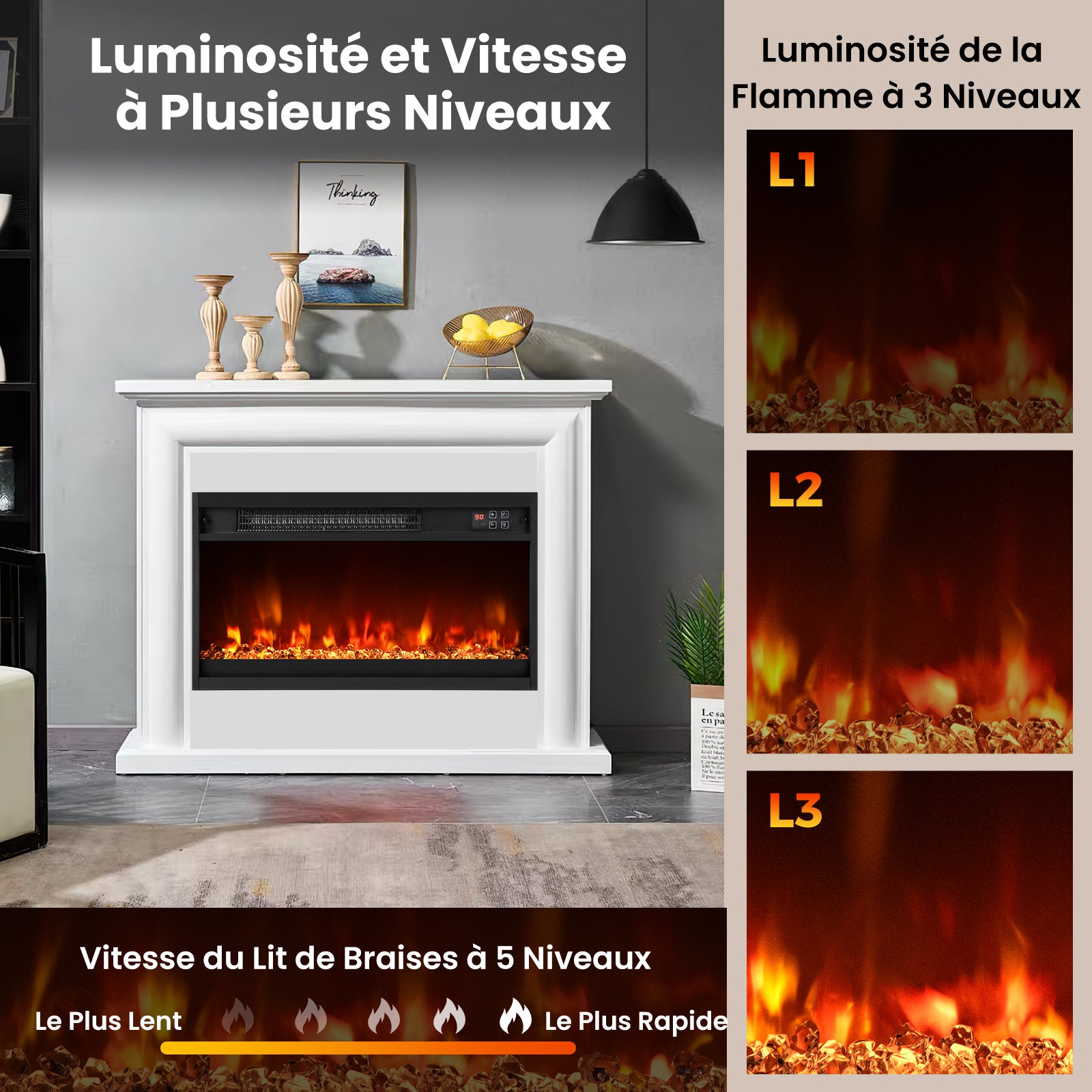 61 cm Chimenea eléctrica con efecto de llama LED de 1500 W, calefacción ajustable de 17 a 32 ℃, chimenea artificial con 8 colores - 5