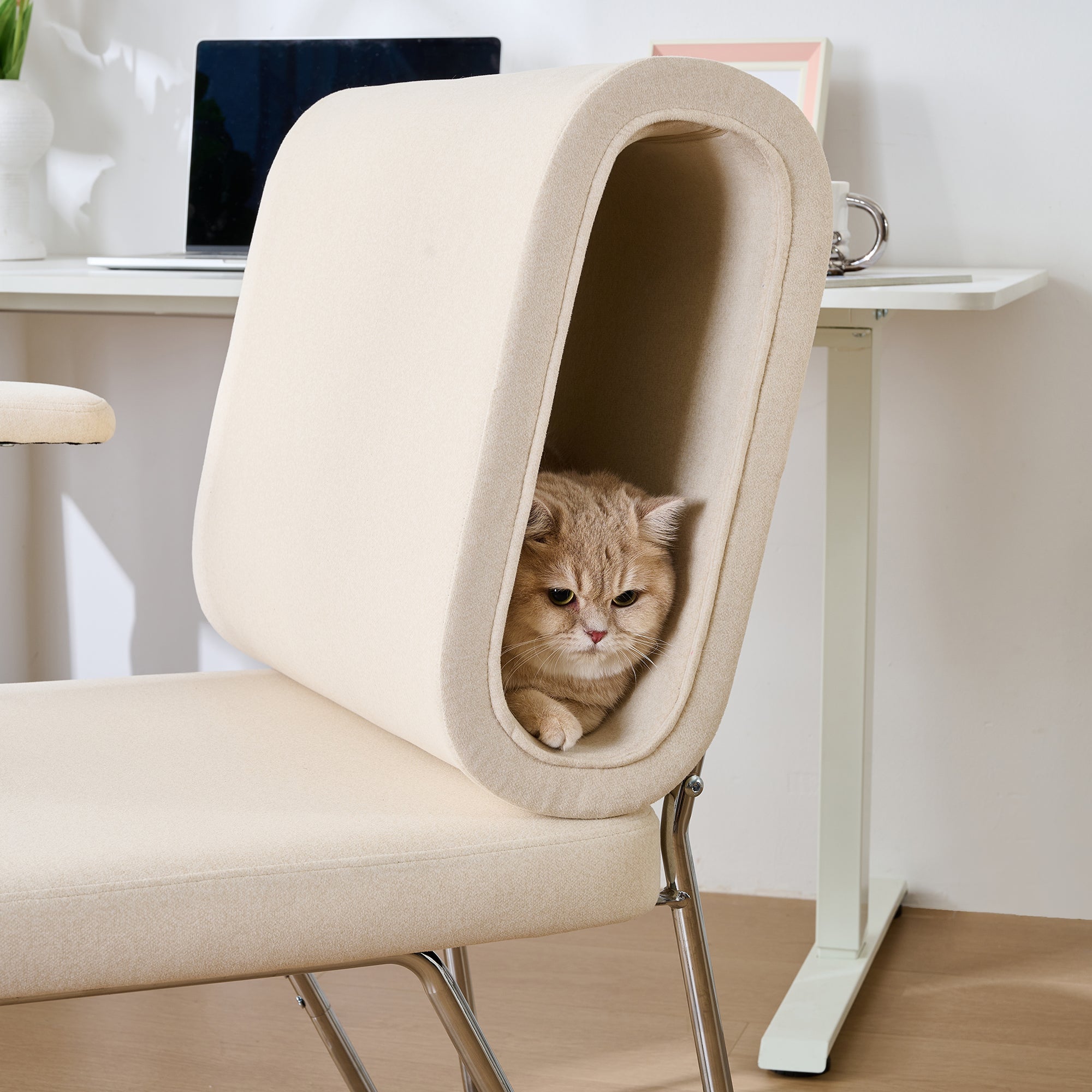 Chaise de bureau 57x58x89cm, siège large, Dossier ergonomique, niche pour chat intégrée, Tissu+Acier+Bois, Beige - 5