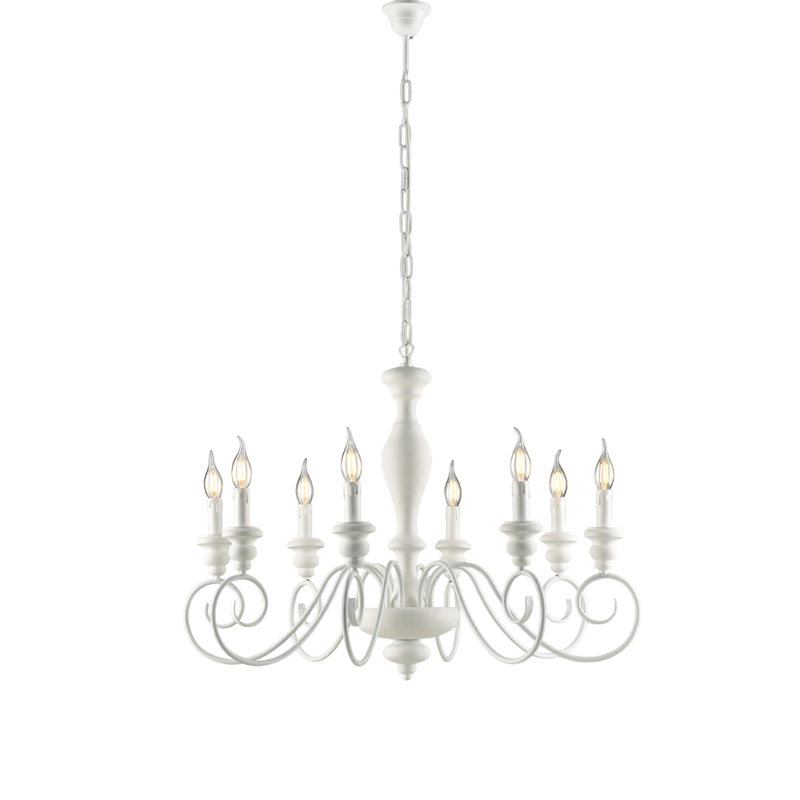 Cascina - Candelabru shabby din lemn vopsit alb si fier, 8 lumini, 121 - Ø82 - BL265-8-BCO