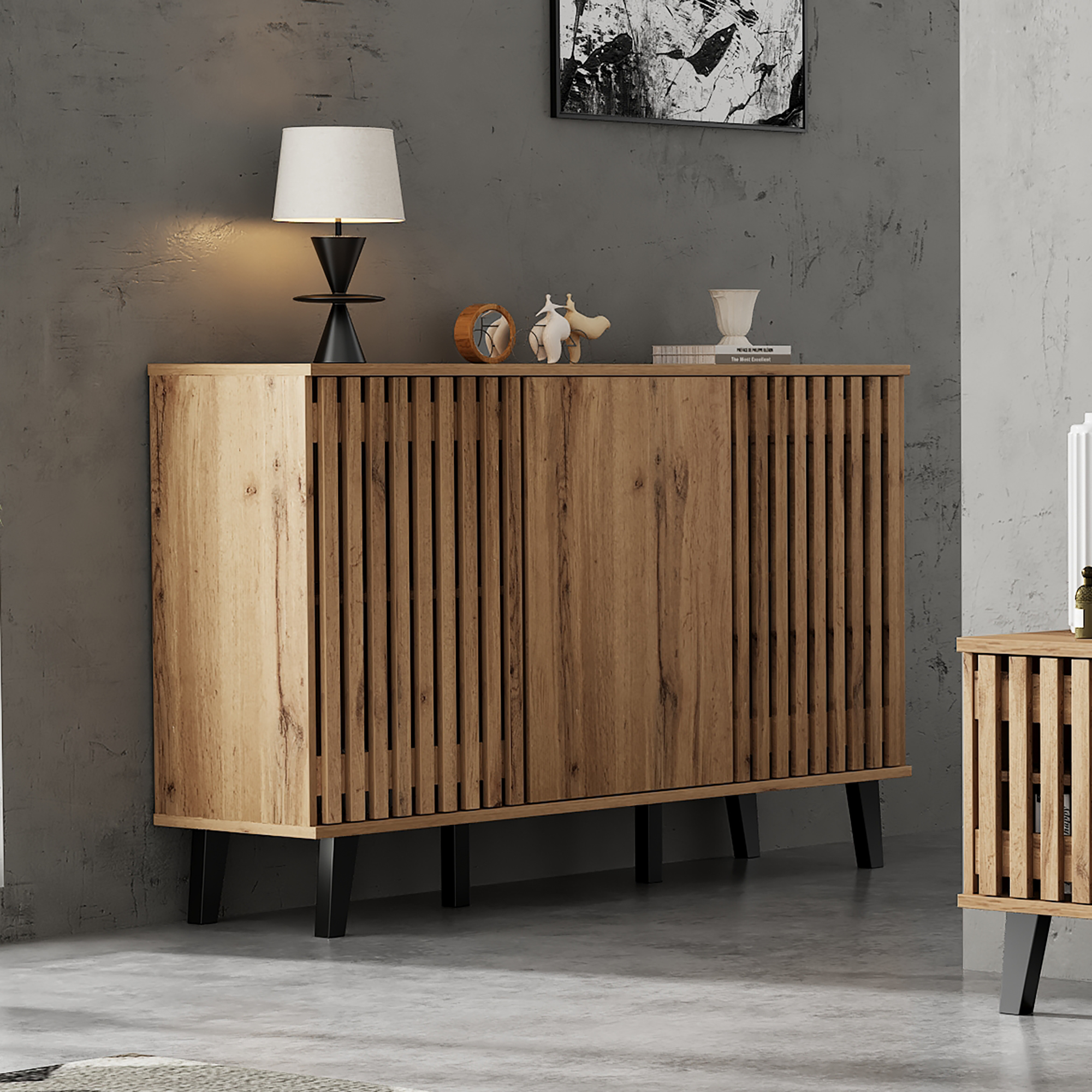 Buffet 150x40x95 cm - 3 portes et 6 compartiments de rangement - Style scandinave - Naturel - 6