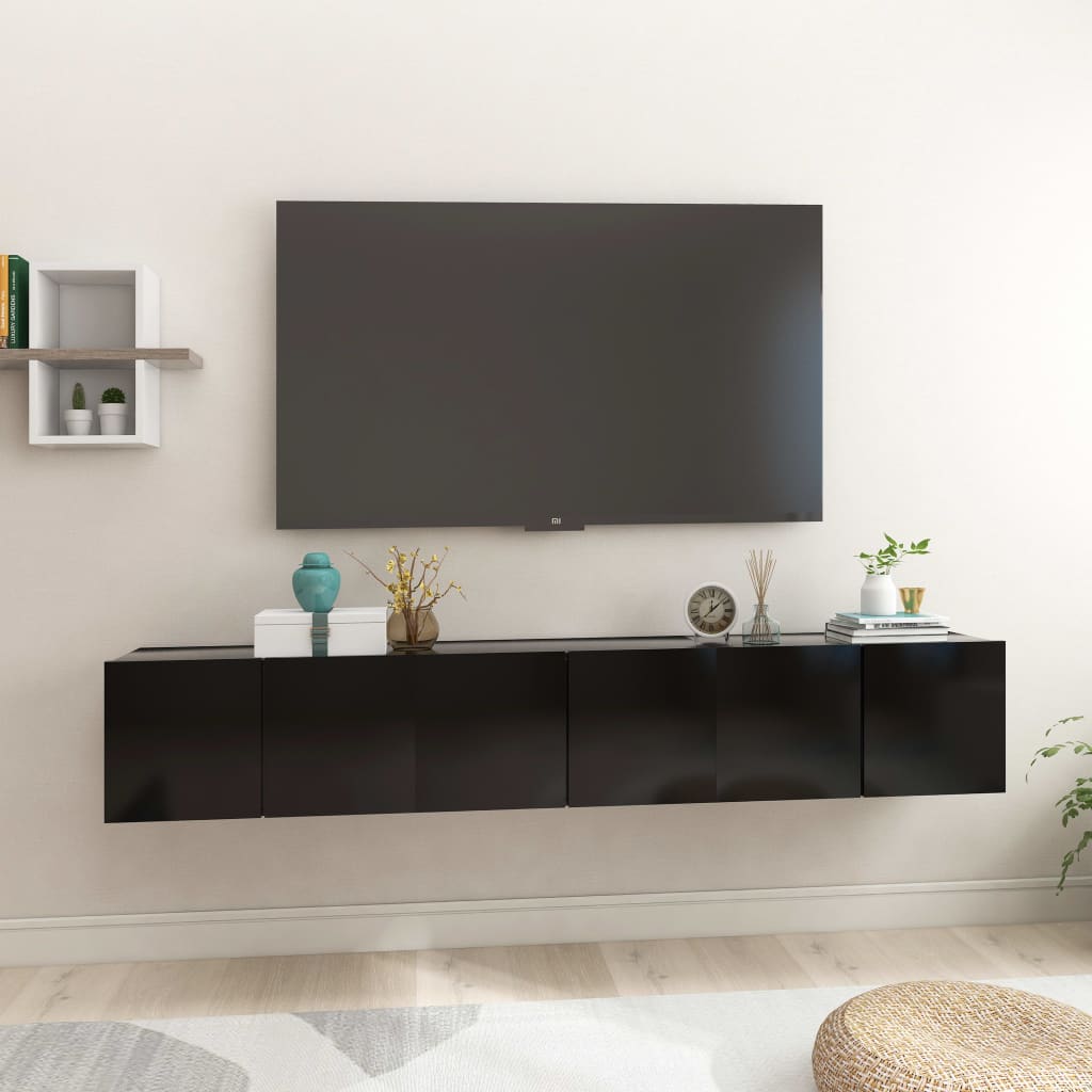 Meuble TV Suspendu Moderne 160cm Noir - Design Bohème, Rangement Pratique, 3 Passages Câbles, Fixation Murale Incluse