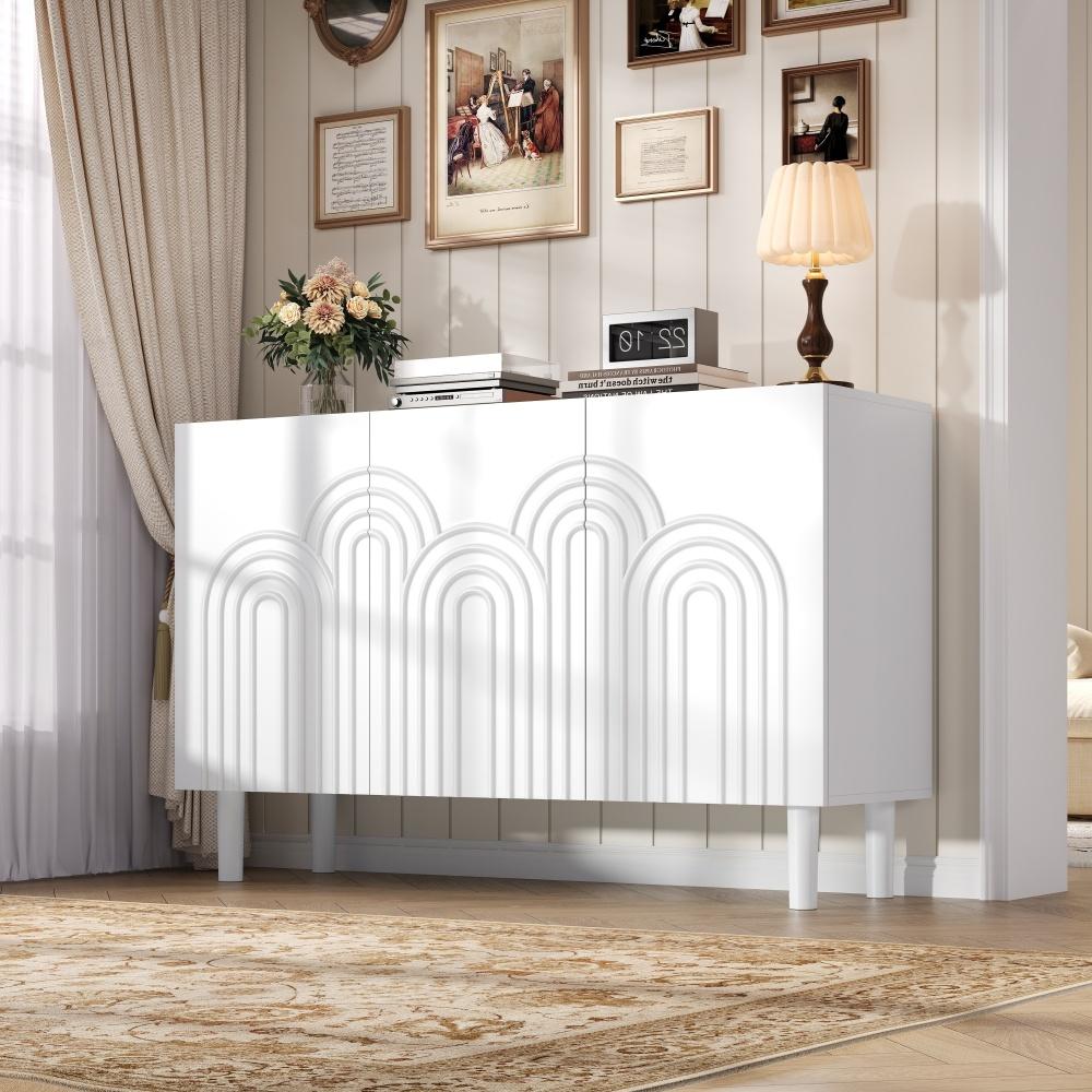 Komoda 120×38,5×79 cm z 3 drzwiami, duża przestrzeń do przechowywania, regulowane półki, meble do salonu lub sypialni, biała płyta MDF, nogi 16 cm