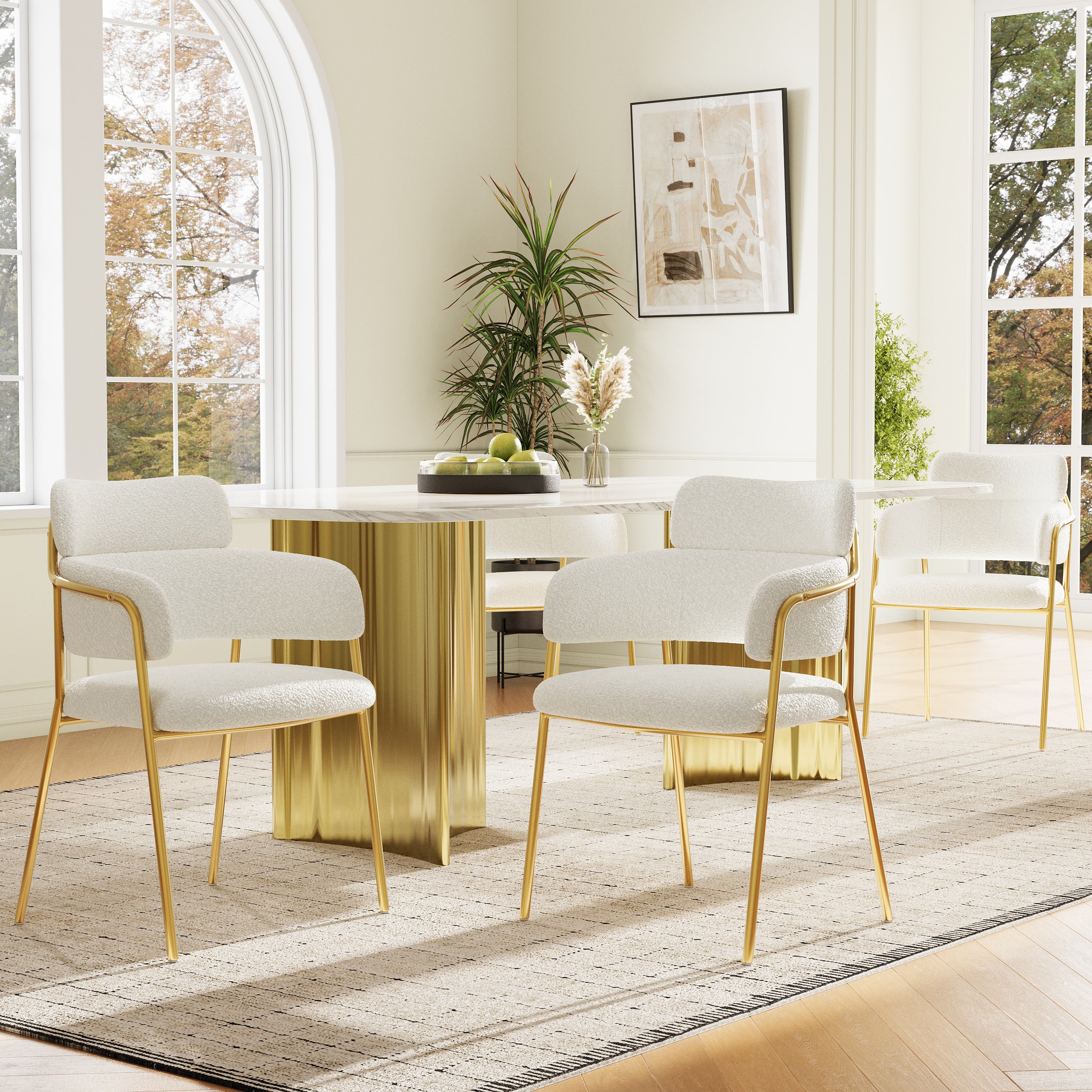 Ensemble De Salle à Manger 5 Pièces, Table Ronde En Marbre Moderne + 4 Chaises En Velours Vert, Pieds Métalliques Dorés (50 X 50 X 75 Cm) 4300758