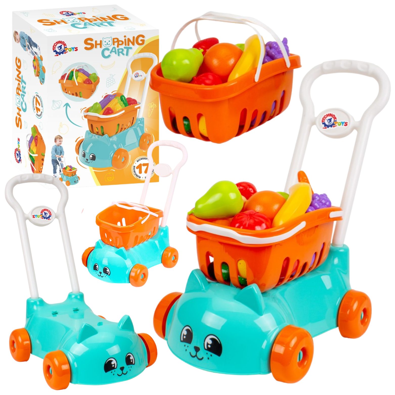 Wózek Edukacyjny Sklepowy Z Koszykiem I Zakupami Niebieski Dla Dzieci 7570