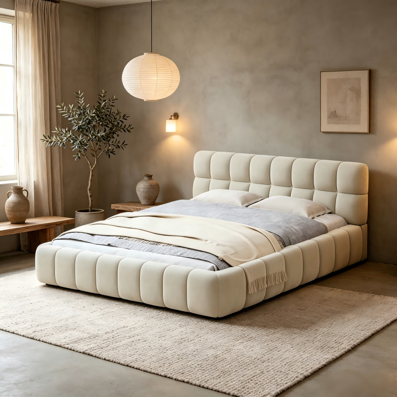 lit bubble 140x190, cadre de lit pour adulte, lit deux personnes, lit double, Lit rembourré 2 places en lin, beige, sans matelas - 9