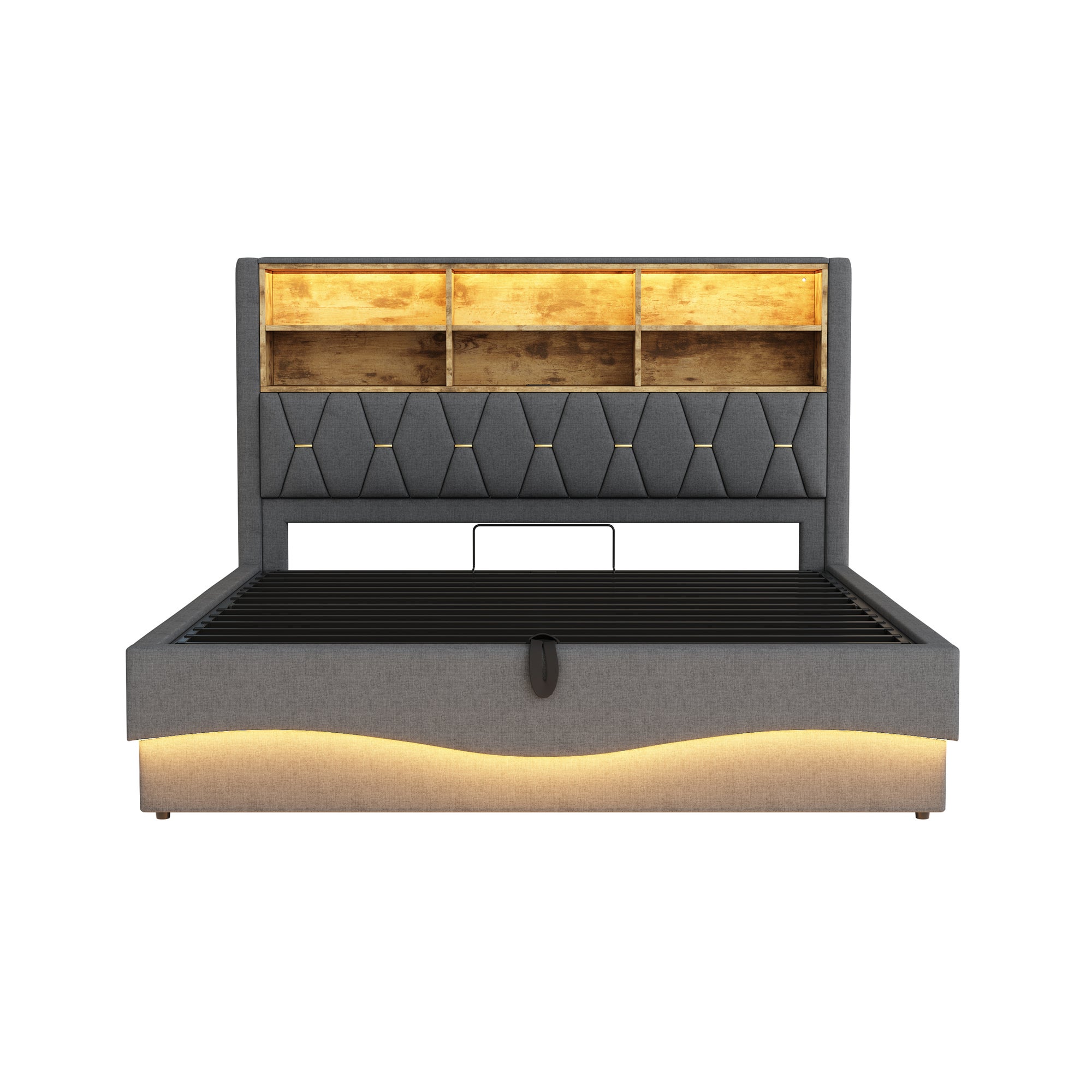 Cama baúl infantil 180x200 cm - con tira de luces LED - con puerto de carga USB - lino - gris (sin colchón) - 7