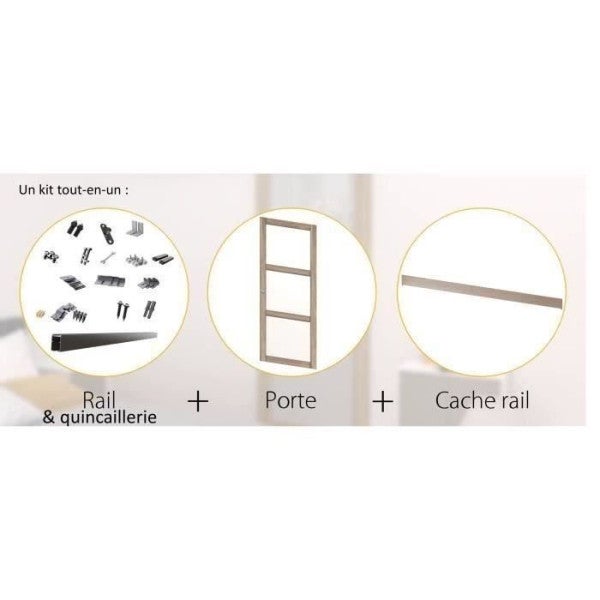 Kit porte coulissante 3 carreaux Vérone décor chêne taupe + rail 2 amortisseurs + cache rail décor assorti - H 204 cm x L 83 cm - 5