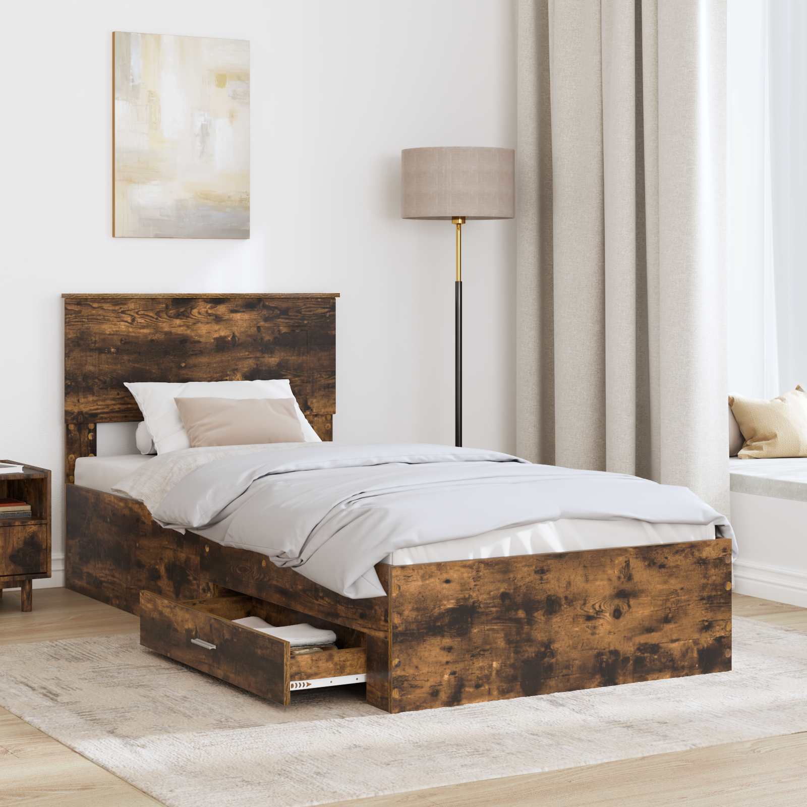 Cadre de lit chêne fumé et argent, panneau de bois, pour la chambre, 75 × 190 cm - 3
