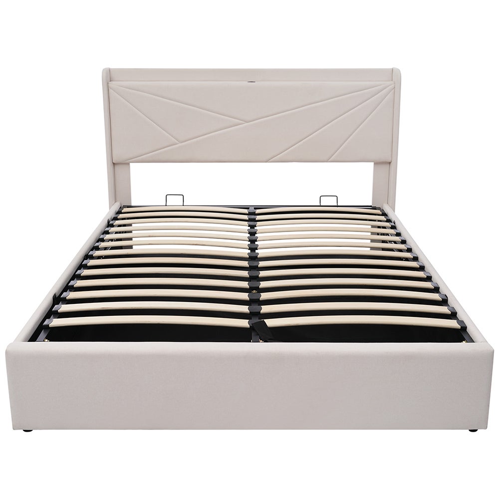 Lit coffre Lit double rembourré Lit de rangement Tête de lit avec fonction de chargement USB Lit 140x200 cm Beige - 2