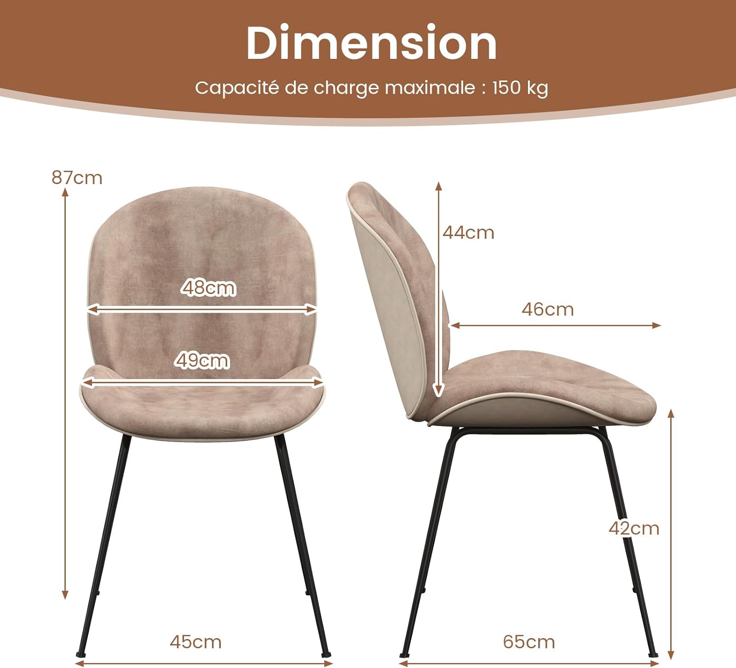 Set di 2 Sedie da Pranzo, Set di Sedie da Cucina in Velluto con Base in Metallo, Sedia Moderna Imbottita per Sala da Pranzo, Soggiorno e Camer - 4