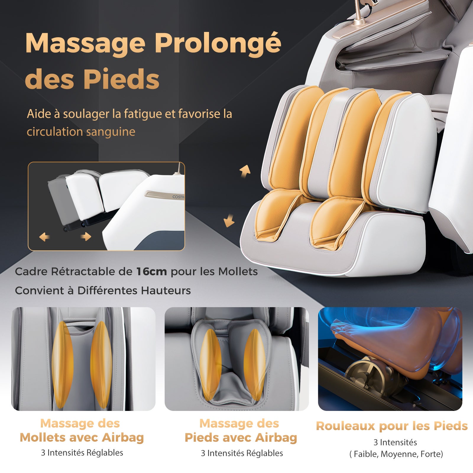 Fauteuil de Massage Électrique, Fauteuil de Massage Inclinable Rail SL avec 12 Modes Automatiques 5 Techniques de Massage Chauffage, Blanc - 8