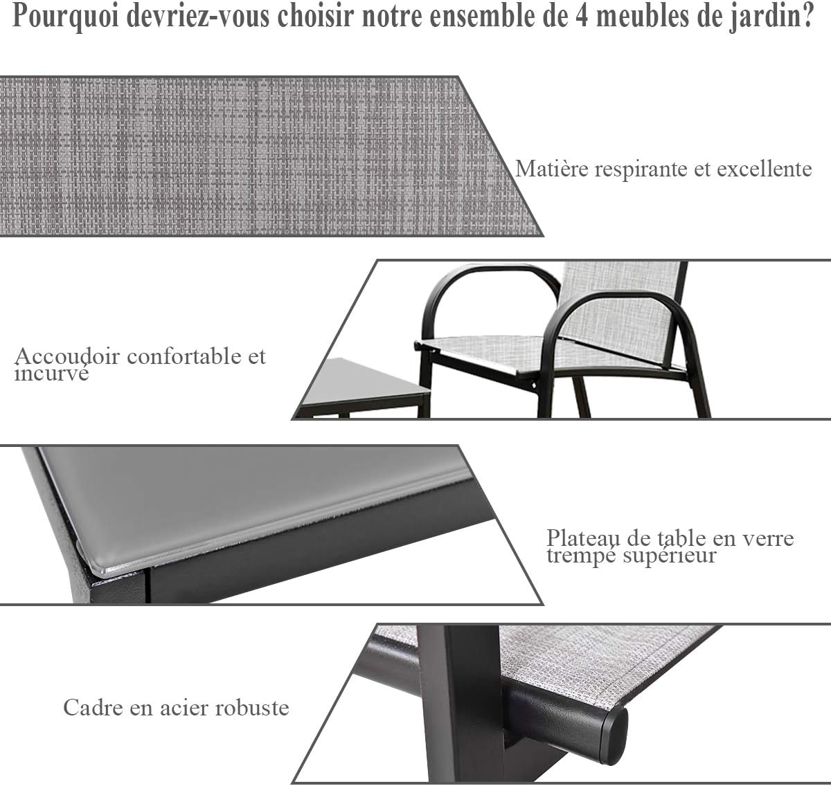 Ensemble de Salon de Jardin en Textilène 4 Personnes, 1 Table Basse en Verre +1 Canapé +2 Fauteuils, GIANTEX - 5