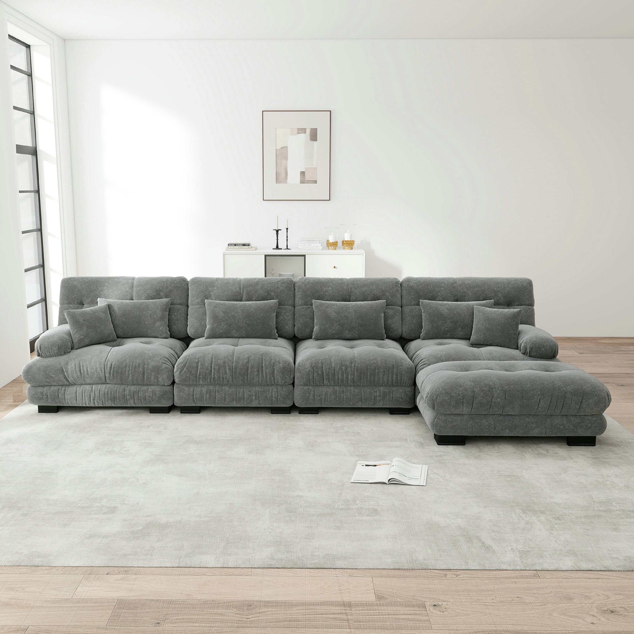 Canapé d\'angle modulable, ensemble de salon en forme de L, 4 places Élégant confortable – avec pouf amovible – chenille – gris - 2