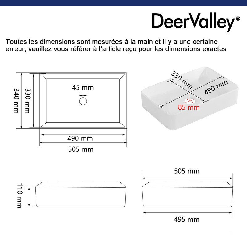 Vasque à poser rectangulaire en céramique blanche 50,5 x 34 x 11 cm – Pour salle de bain – DeerValley - 3