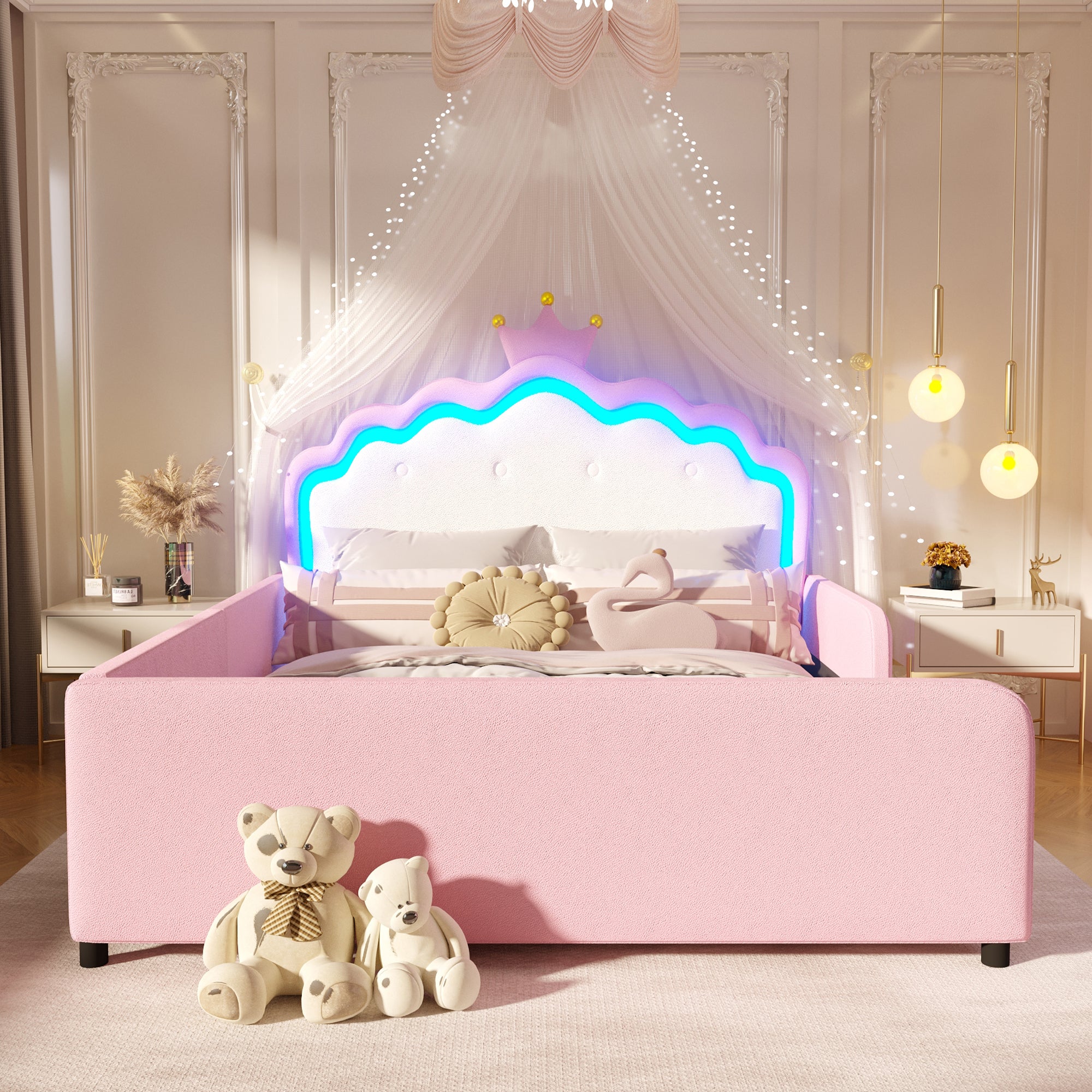 Lit enfant 140×190 cm avec lumière LED, Lit double rembourré,avec tête de lit princesse en forme de couronne, Tissu PU,Rose(matelas non inclus) - 3
