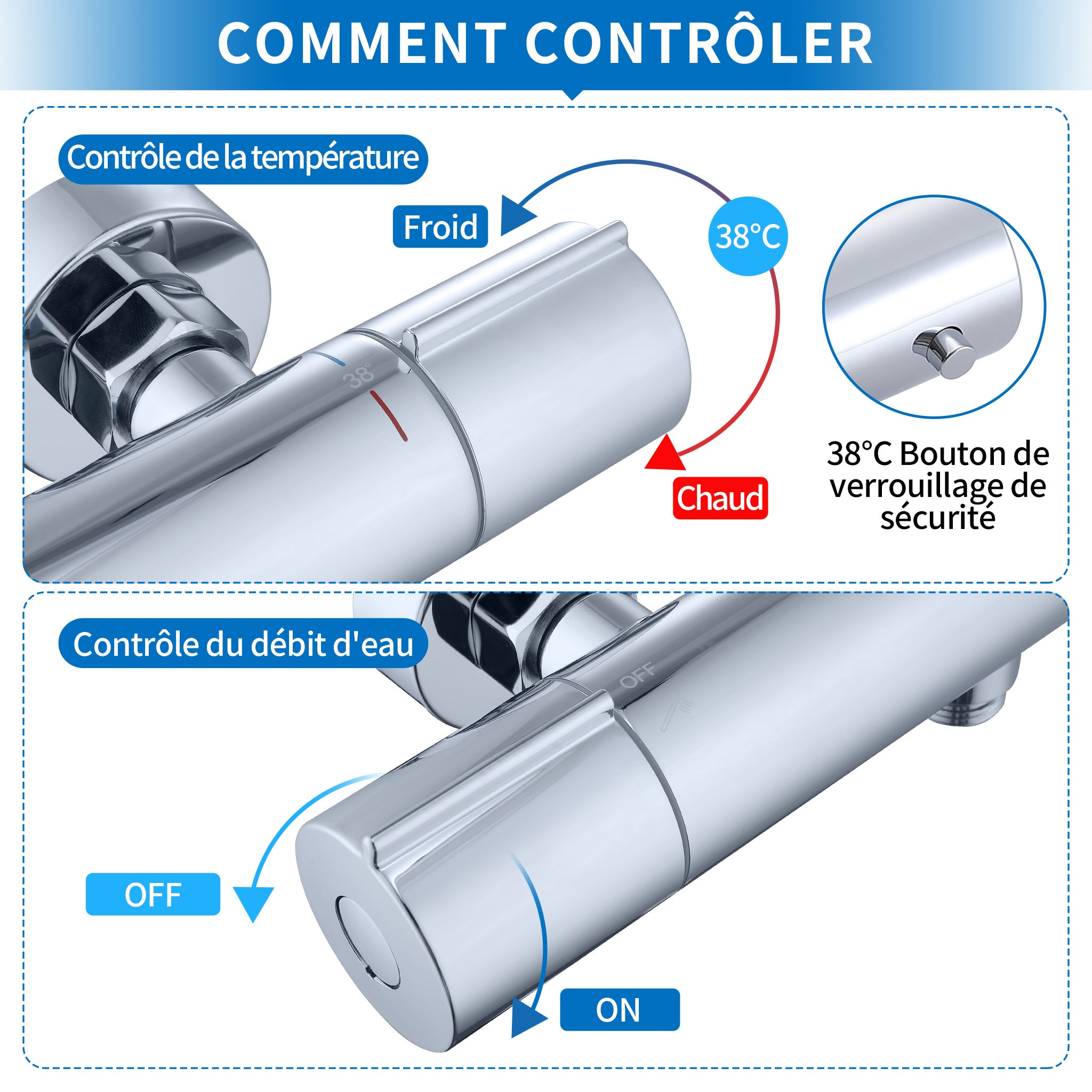Mitigeur Thermostatique Intelligente 38℃ de Douche Robinet Baignoire Mural en Laiton Robinetterie de Bain Chromé - 3