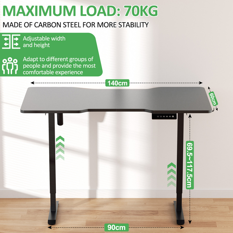 Scrivania regolabile in altezza con piano 140x60cm Scrivania elettrica in piedi 4 funzioni di memoria dell'altezza Nero - 2