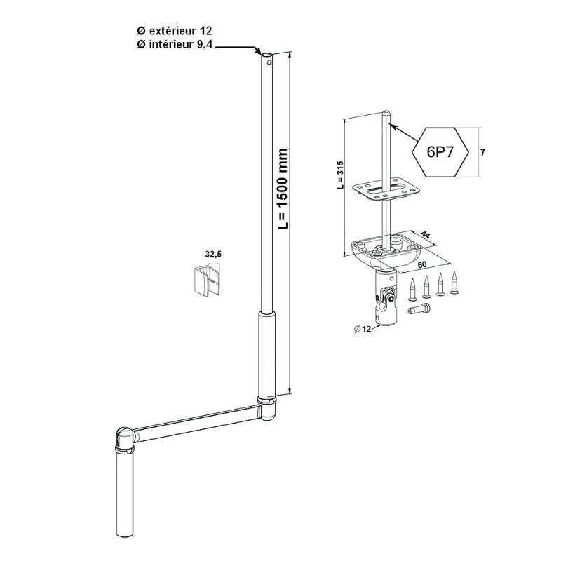 Manivelle de volet roulant 1800 mm Ø 12 mm avec sortie 6P7 verticale - 2