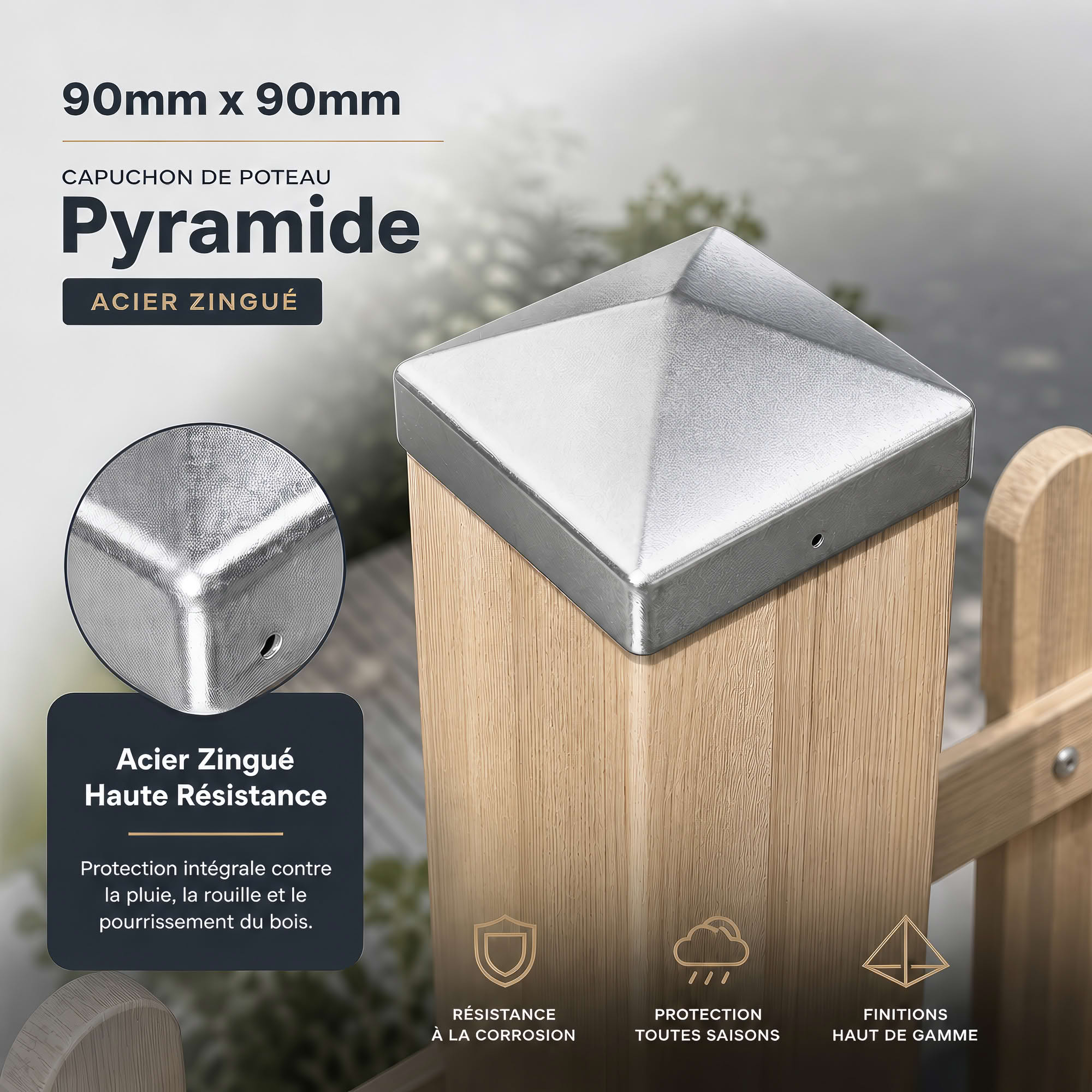 Chapeau de poteau pyramidal zingué à visser - 90 x 90 mm - 4