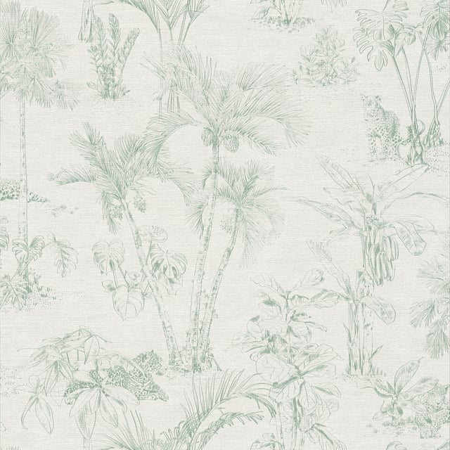 Papier peint vert et blanc motif tropical dessin Tapisserie verte & blanche tropicale salle de bain Papier peint palmier chambre