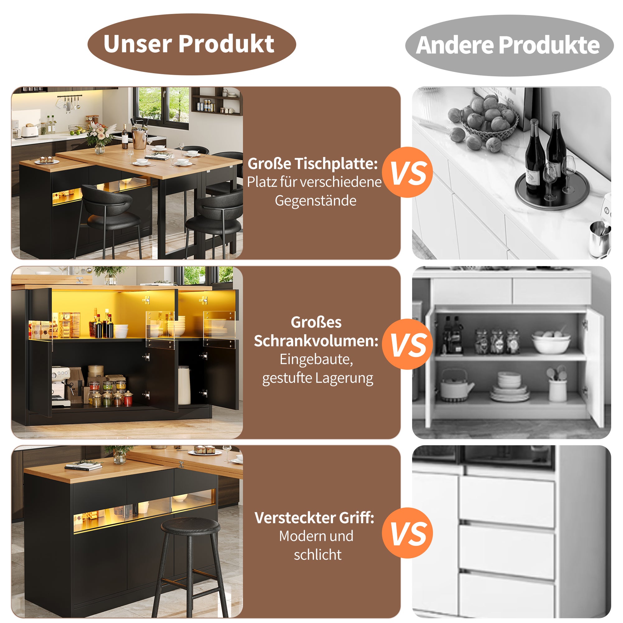 Rozkładany stół jadalny z 3 drzwiami, wyspa kuchenna - 120-180 x 40 x 71,5 cm - diody LED - czarny + naturalny - 4