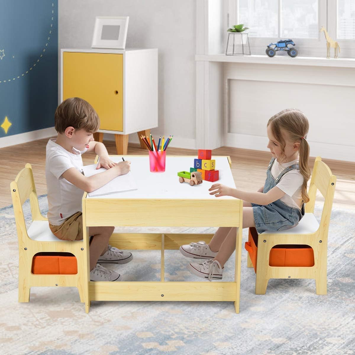 Ensemble Table et Chaises Enfant, Table Transformable 3-en-1 Multifonctionnel à Double Face, 2 Chaise avec Tiroir de Rangement, Naturel - 2