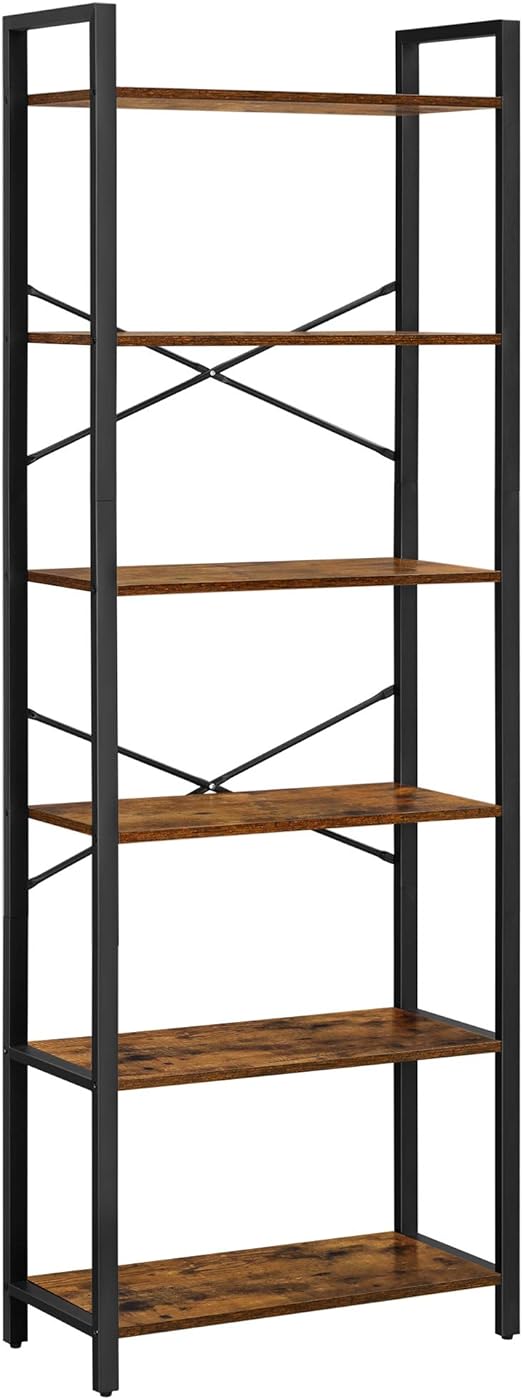 Bibliothèque 6 étagères Industrielle – 30x80x186 Cm, Structure Métal Et Panneaux Bois, Style Rustique Et Noir - 6