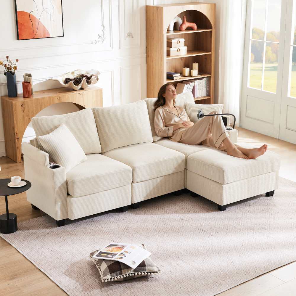 Narożna sofa rozkładana w kształcie litery L, 3-osobowa, z pufem, poduszkami, uchwytami na kubki i portem USB, idealna do salonu/biura/mieszkania
