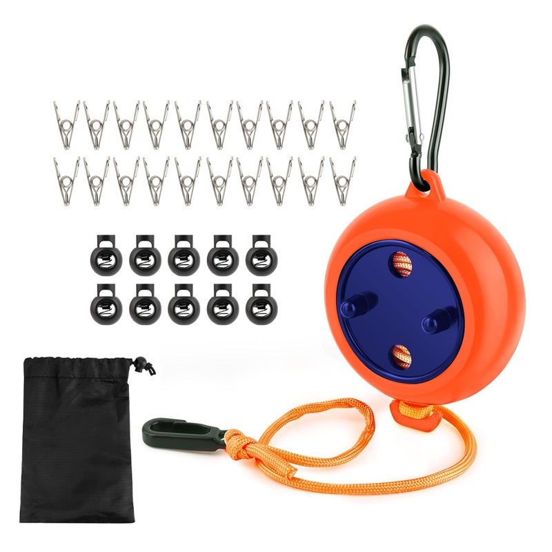 Przenośna, chowana suszarka do ubrań, 8 metrów, z 10 klamrami mocującymi, 20 wiatroszczelnymi klipsami, torba do przechowywania (pomarańczowa)